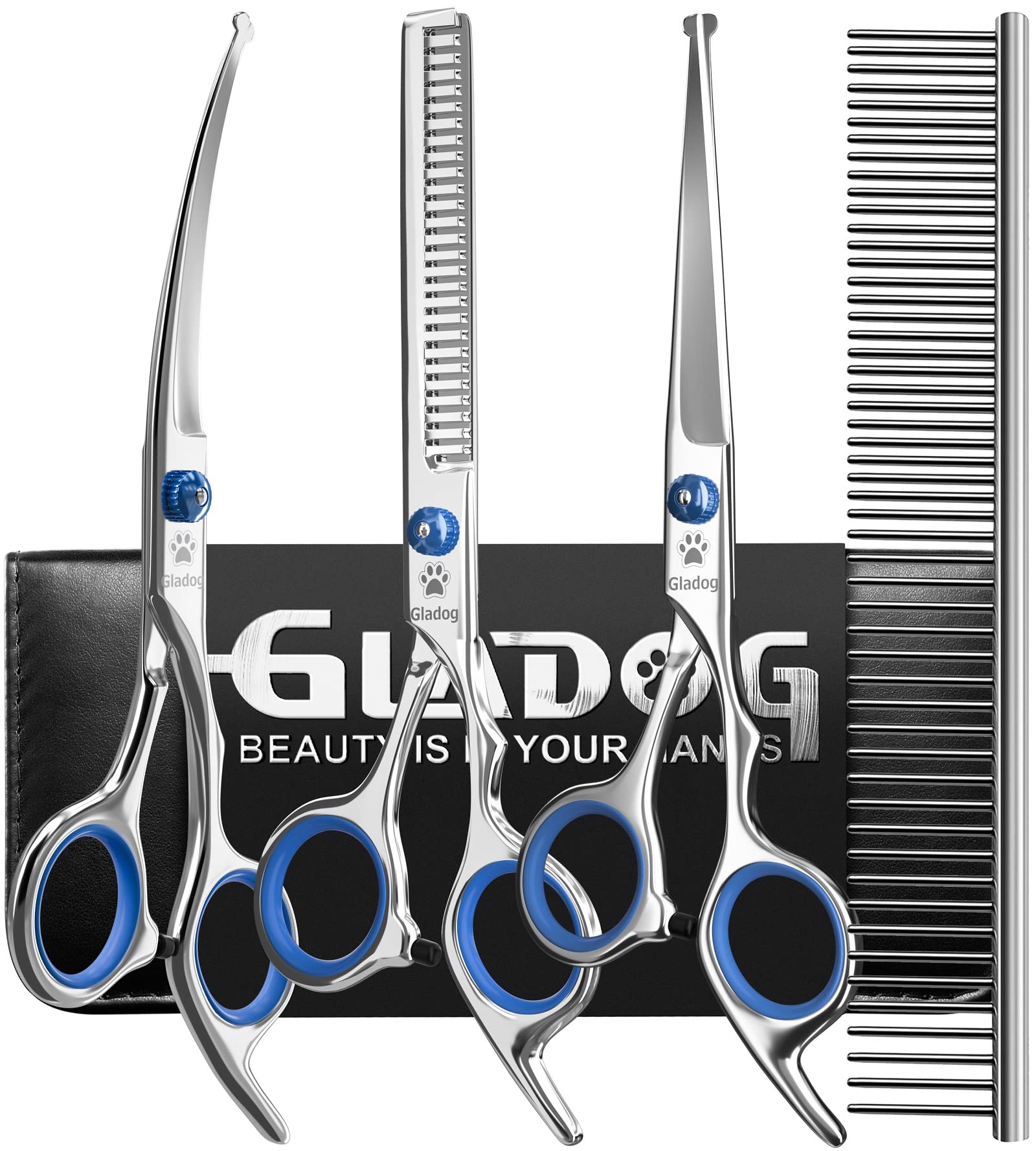 GLADOG Professional 5 in 1 Dog Grooming Scissors Set with Safety Round Tips, Sharp and Durable Pet Grooming Shears for Cats Blue 5 in 1